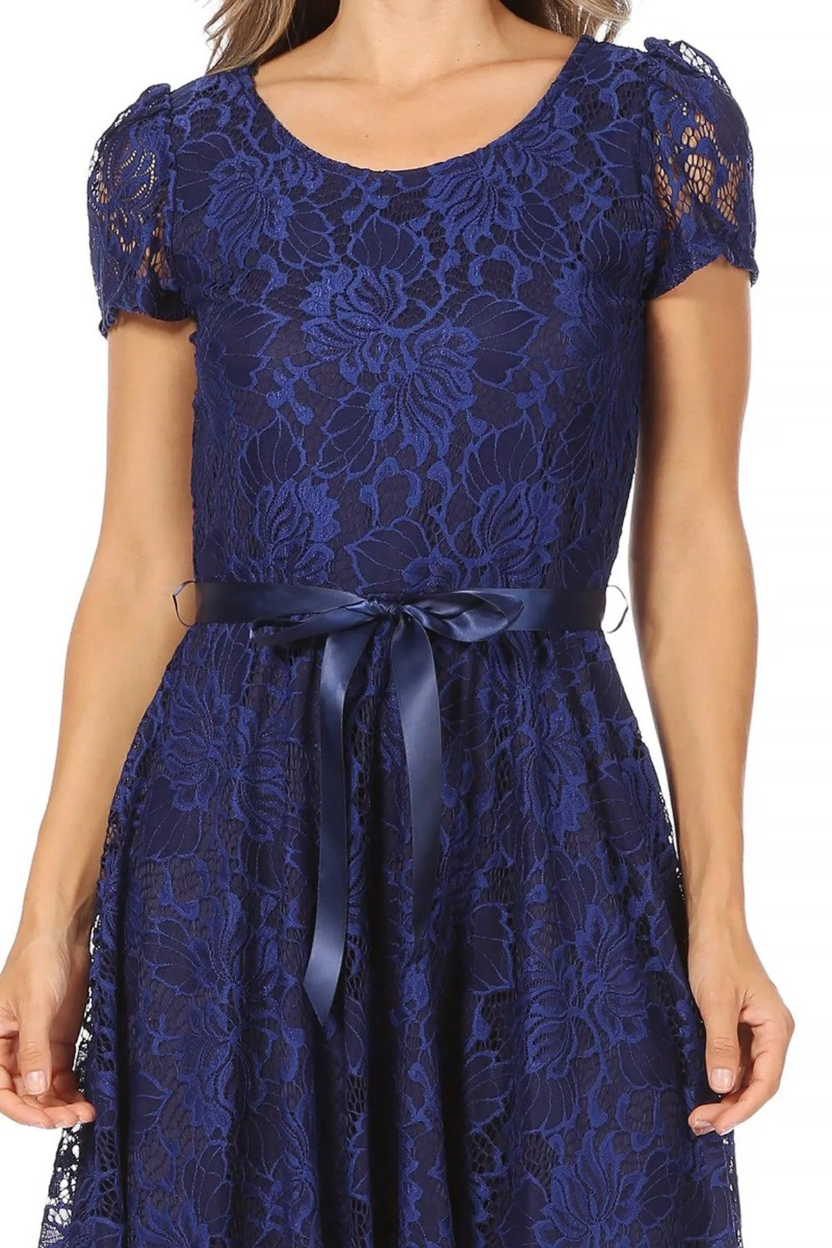 Women's Lace Short Sleeve A-Line Party Midi Dress