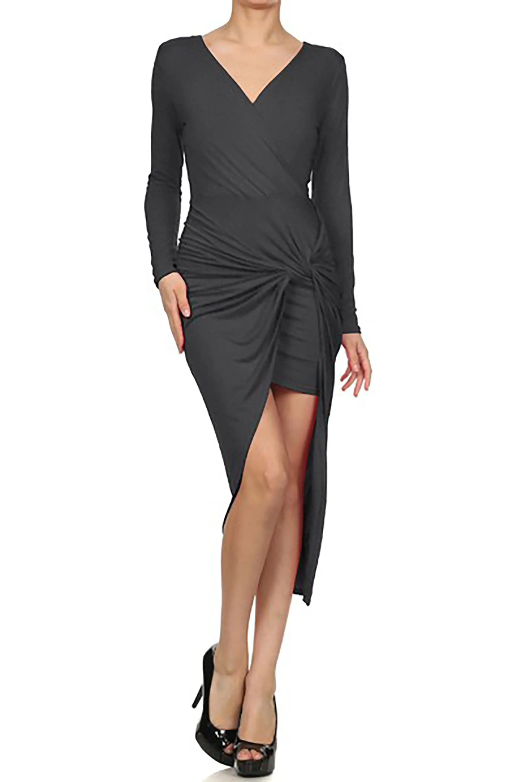 Women's Long Sleeve Draped Midi Knot Dress