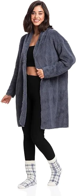 Women's Open Sherpa Jacket - Winter & Fall Cozy Elegance, Serene Blue