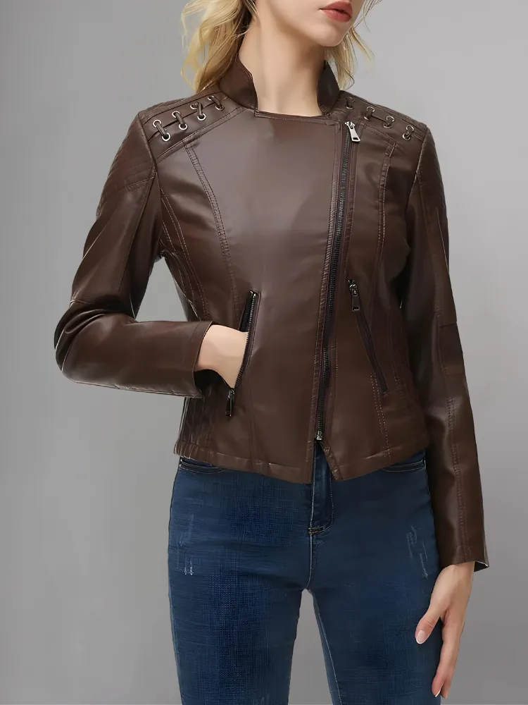 Womens Real Leather Jacket Short Zipper Motorcycle Jackets