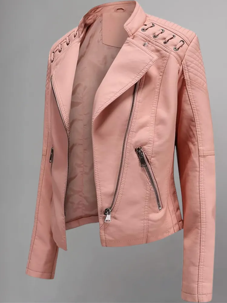 Womens Real Leather Jacket Short Zipper Motorcycle Jackets