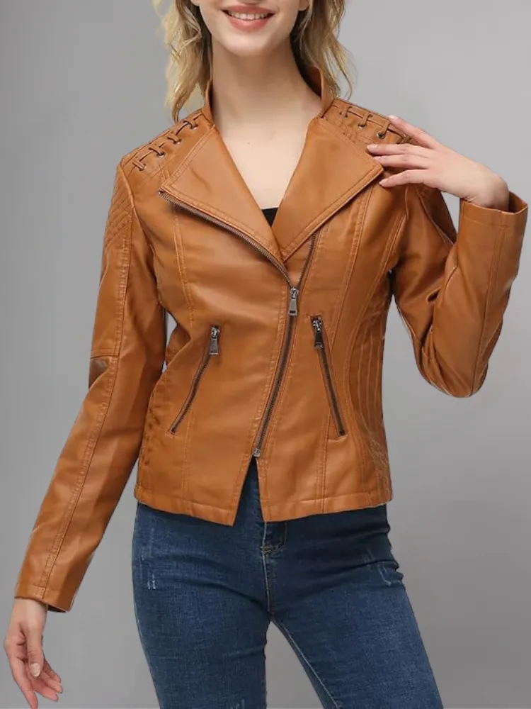 Womens Real Leather Jacket Short Zipper Motorcycle Jackets