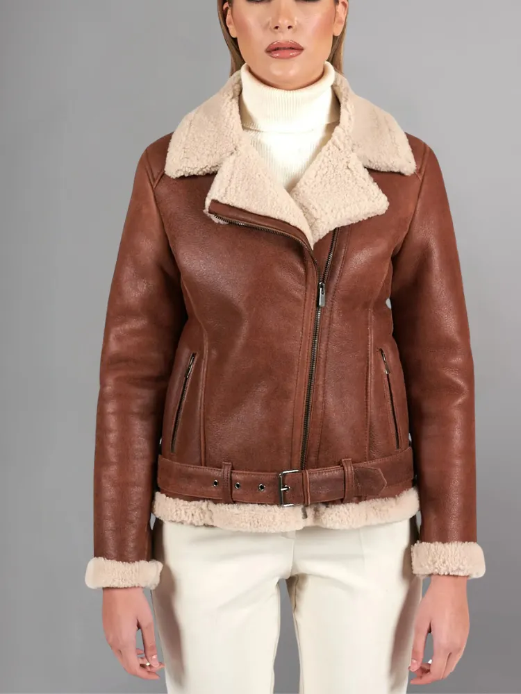 Womens Tan Brown Shearling Leather Jacket