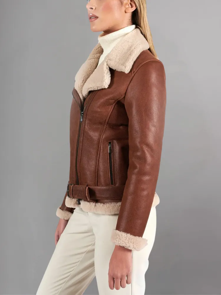 Womens Tan Brown Shearling Leather Jacket