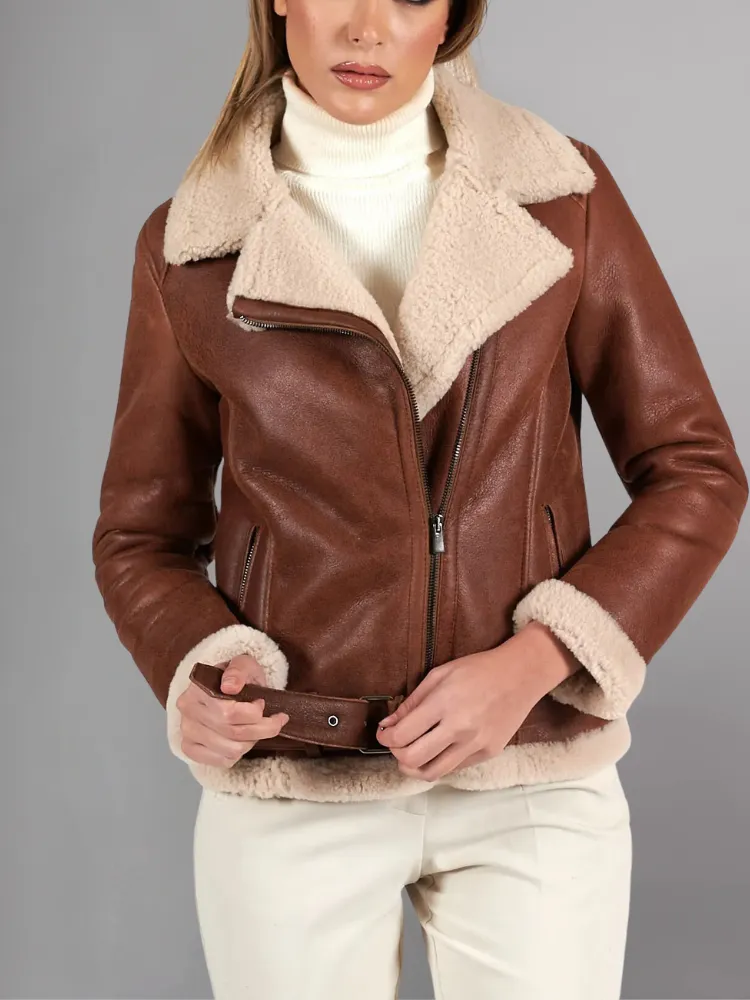 Womens Tan Brown Shearling Leather Jacket