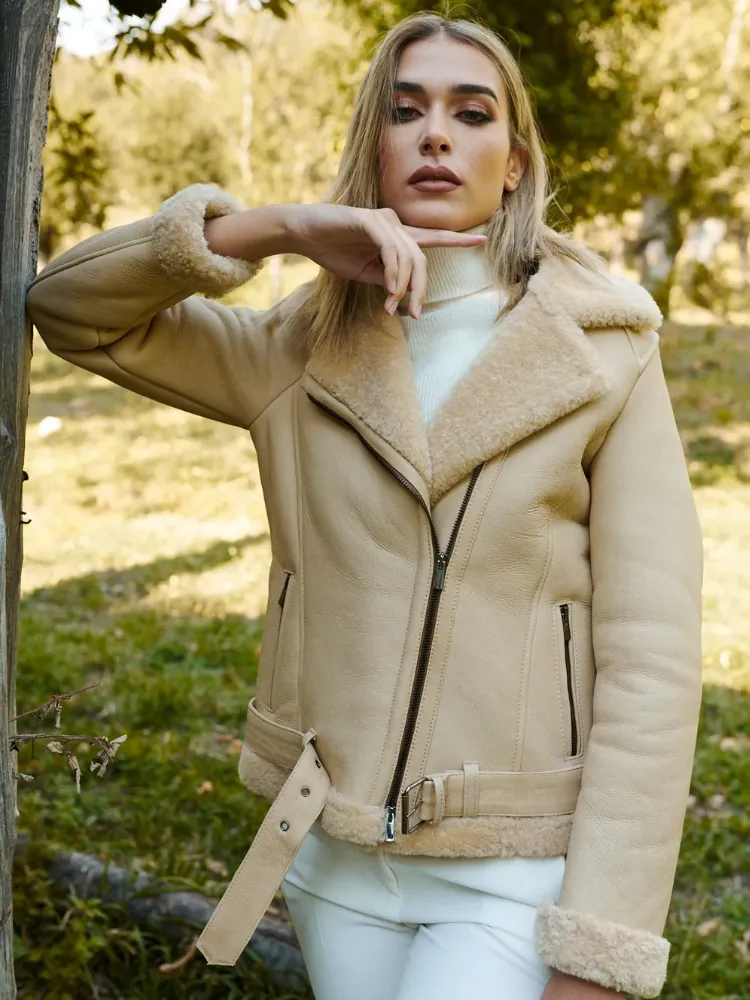 Womens Tan Brown Shearling Leather Jacket