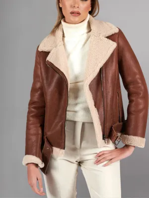 Womens Tan Brown Shearling Leather Jacket