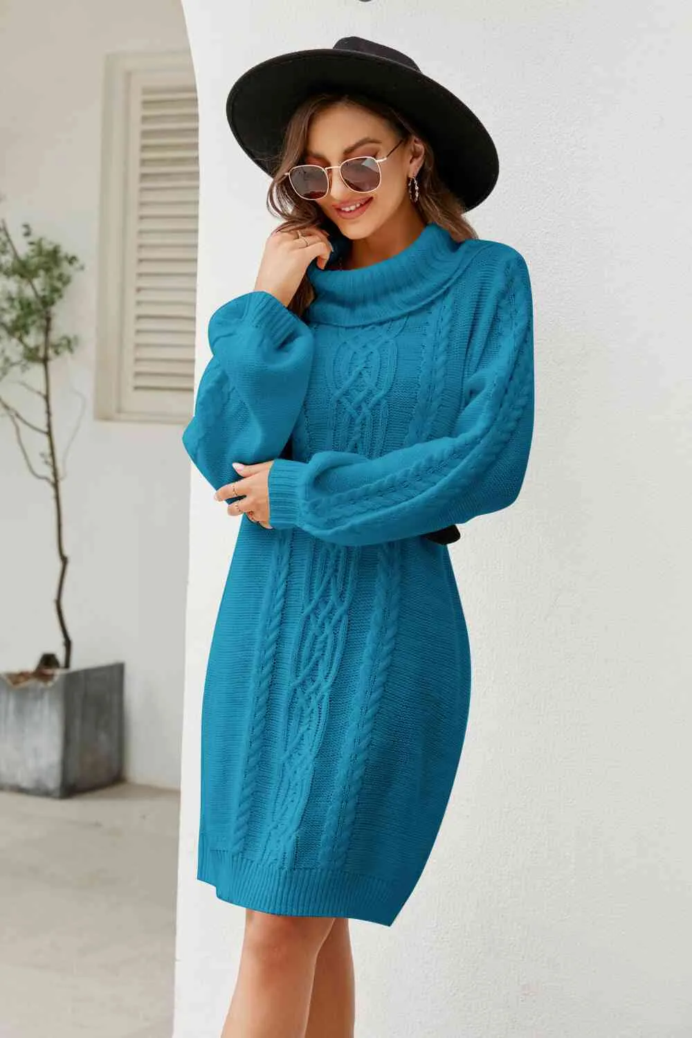 Woven Right Mixed Knit Turtleneck Lantern Sleeve Sweater Dress