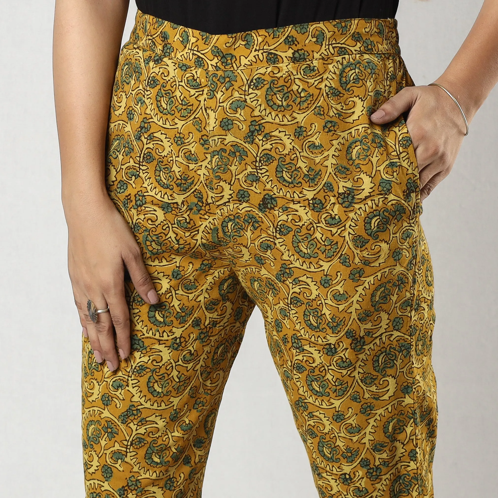 Yellow Ajrakh Block Printing Cotton Tapered Casual Pant for Women